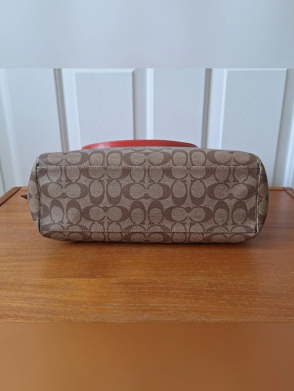 Coach Signature Coated Canvas Shoulder Bag Monogram Tote Coral Leather Trim